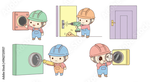 Flat Cartoon Home Security Technician Installing Door Locks and Intercom Systems Vector Illustration