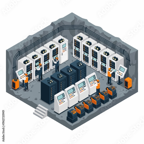 Isometric view of a secure underground data center with rows of servers and technicians working.