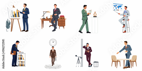 Set of illustrations featuring a stylish businessman in checkered suits, performing various corporate tasks including presentations, data analysis, and office management.