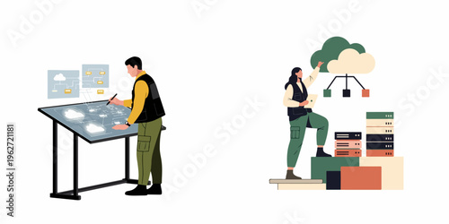 IT specialists designing and managing cloud computing infrastructure and data network architecture in a modern flat vector illustration style.