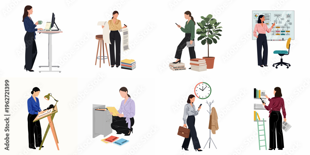 © Mairiko - Vector illustration collection of professional women performing various office tasks, multitasking, and managing business operations in a modern workplace setting.