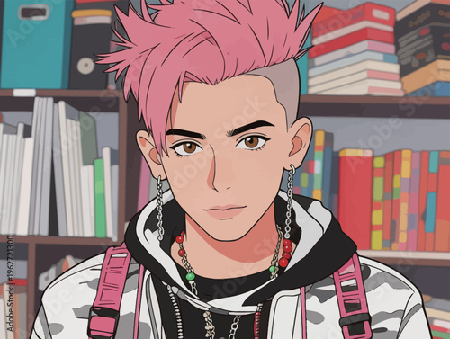 Young person with pink hair and stylish clothes stands in front of bookshelves filled with colorful books