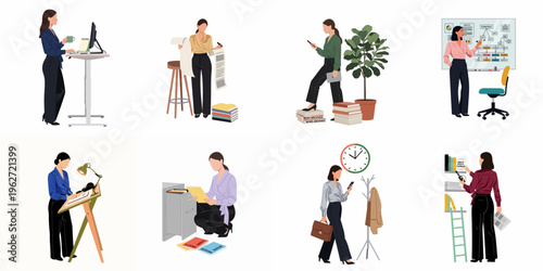 Vector illustration collection of professional women performing various office tasks, multitasking, and managing business operations in a modern workplace setting.