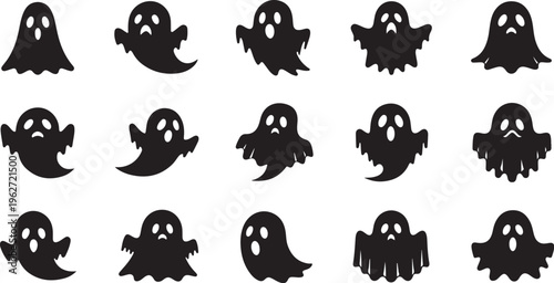 Halloween Ghosts Silhouettes on White Background