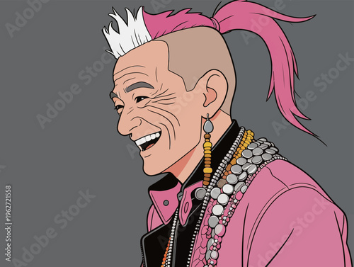 Smiling person with pink hair and jewelry stands against gray background
