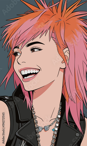 Bright-haired woman smiles widely while wearing a leather jacket and chains during a night out in an urban setting