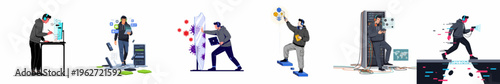 Set of Illustrations Featuring an IT Professional Managing Server Systems, Cybersecurity, Software Development, and Digital Infrastructure Tasks