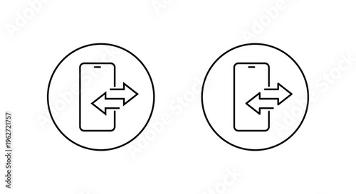 Smartphone data transfer icon in circular outline. Phone call sync symbol. Mobile send receive sign