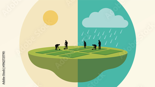 Conceptual Vector Illustration of Climate Change and Agricultural Resilience Showing Farmers Working in Contrasting Weather Conditions of Bright Sun and Rainy Cloud