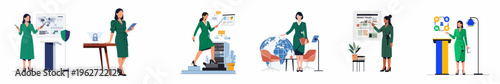 Flat business illustration set featuring professional women focusing on data security, privacy policy, global networking, and corporate data analysis.