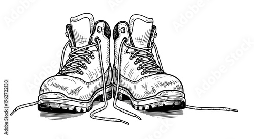 Hand-drawn sketch of a pair of old hiking boots with untied laces.