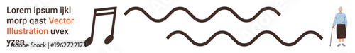 Sound design, aging population, technology communication, music, healthcare awareness, minimalism. Combination of musical note, sound waves text and elderly figure. Sound design and aging