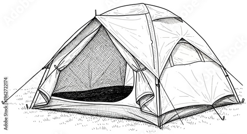Detailed Line Art Drawing of a Camping Tent for Outdoor Adventures.