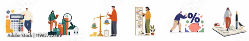 Flat illustrations set depicting people managing personal finance, mortgage, savings, interest rates, and accounting for banking and investment concepts.