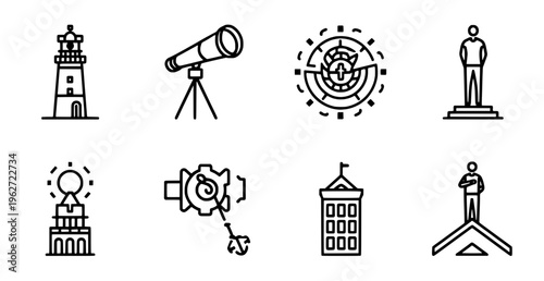 Monochrome line icons of landmarks and astronomical objects