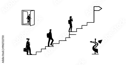 Business people climbing stairs to success with flag and magnifying glass