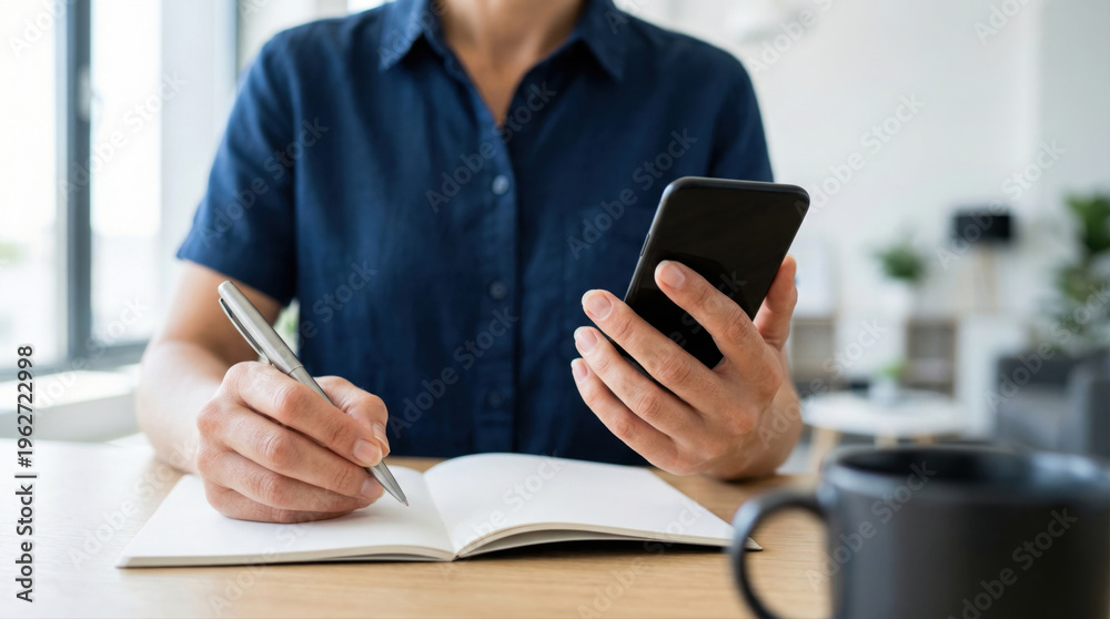 Fototapeta premium Remote working nomad digital lifestyle worker using smartphone with notebook taking notes focused planning