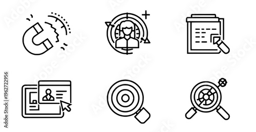Six black and white line icons related to business and targeting
