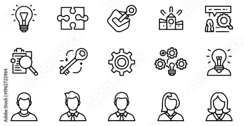 Collection of business and teamwork icons in line style