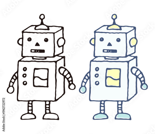 かわいいロボットのイラスト線画ベタ塗りセット｜手描き風AI・テクノロジーキャラクター素材