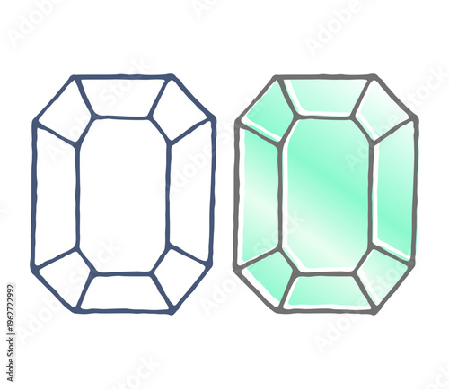 宝石のイラスト線画ベタ塗りセット｜エメラルドカット風ジュエリー・高級感デザイン素材
