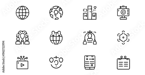 Collection of 12 icons related to global communication and technology