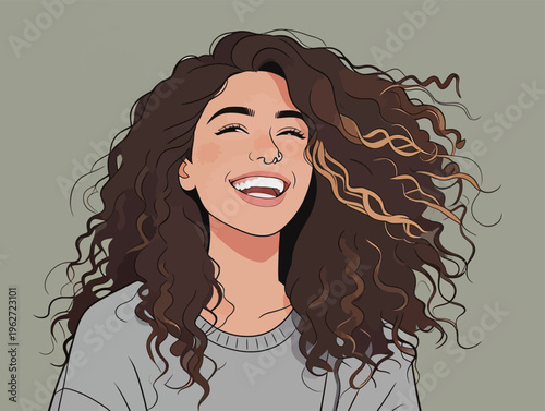 Woman with curly hair smiles in front of a plain background during daytime