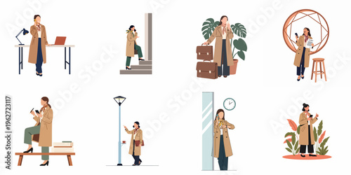 Professional Businesswoman in Various Daily Work and Lifestyle Scenarios Set Illustrating Modern Career Life and Success