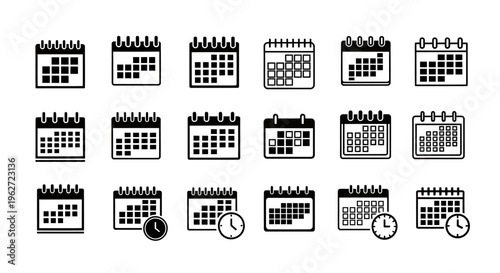 Collection of black and white calendar and clock icons for planning and scheduling graphics.