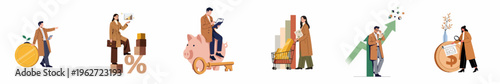 Collection of professional people managing finances, investments, savings, and economic growth in conceptual flat vector illustrations.