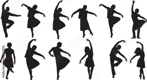 Silhouettes of dancers in various poses and movements
