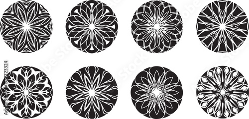 Black and white floral mandala designs on a white background