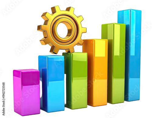 Colorful rising bar chart with golden gear on top
