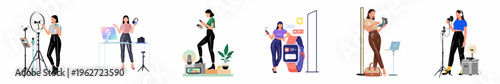 Vector illustration set of women creators, influencers, and digital professionals using modern technology for content production, streaming, and remote work.