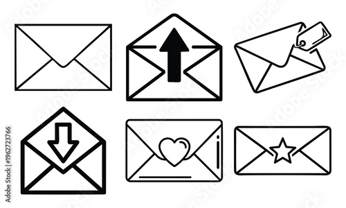 Envelope icons set with various symbols and markings