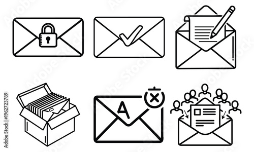 Email icons and mail symbols for communication and security