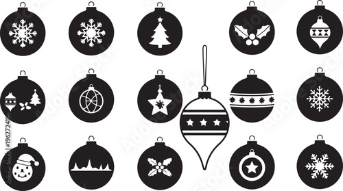 Black and white Christmas ornaments on a white background