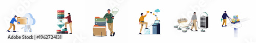 Set of Flat Illustrations Showing People Managing Digital Data, Cloud Storage, Server Hardware, and File Organization for Business and Technology Concepts