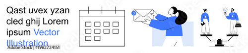 Time management, digital communication, decision-making, productivity, balance, prioritization. Minimalistic icons of a calendar, woman holding an envelope and people on scales. Time management