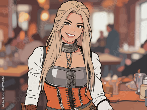 Young woman stands in a casual dining area while smiling and wearing work attire with a wooden backdrop in a lively environment