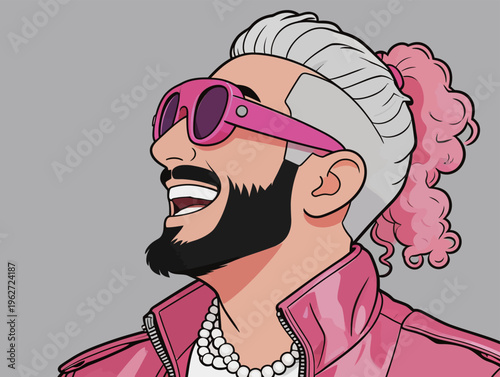 Man laughs with a pink hairstyle and sunglasses while wearing a shiny pink jacket against a gray background
