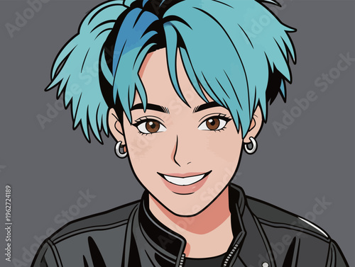 Person with blue hair smiles while wearing a black jacket in a graphic design on a gray background