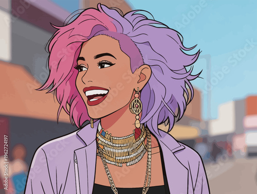 Woman with colorful hair smiles while walking on a busy street in daytime