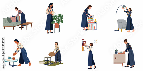 Flat illustration set of a young woman performing various household tasks, including decorating, organizing, watering plants, and tidying her modern living space.