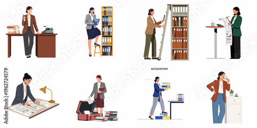 Set of professional women accountants and office workers performing various tasks including auditing, bookkeeping, filing, and analyzing financial data in flat illustration style.