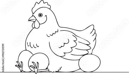 Vector chicken illustration, farm animal, eggs, black and white line art, simple cartoon style