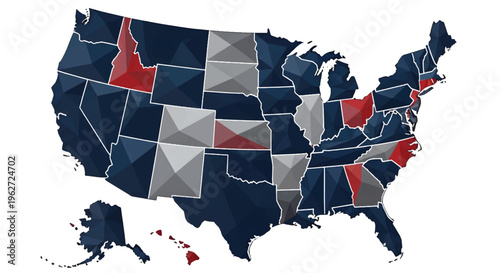 Low poly United States map with geometric 3D facets, patriotic red white and blue USA map vector, stylized American states map for election and data visualization