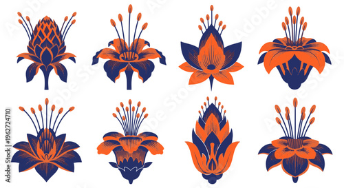 Art Deco Floral Ornaments Abstract Blue Orange Flowers Decorative Elements