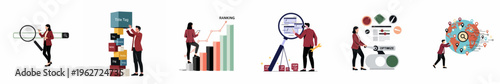 Set of illustrations representing various aspects of Search Engine Optimization including keyword research, technical SEO, ranking growth, website optimization, and local SEO strategies.