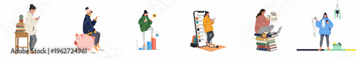 Illustration set of women managing personal finances, tracking expenses, and budgeting using mobile apps and digital tools on a white background.